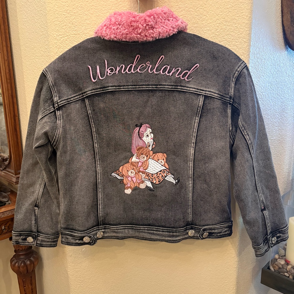 Nwt~Monnalisa Kids 'Wonderland' Grey Denim Jacket Pink Sherpa Collar Size 12